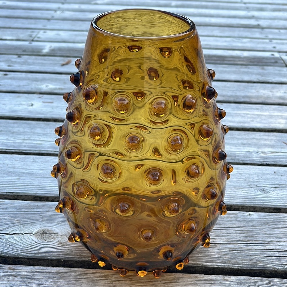 Amber hob nail glass vase